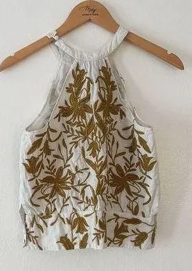 Anthropologie Vanessa Virginia Top Halter White Linen Embroidered In Gold small thumbnail 1