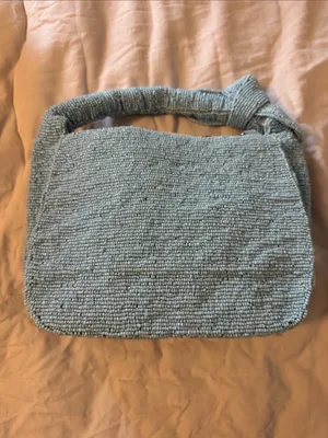 Sol and Mer Beaded Light Blue Striped Top-Handle Bag with Pasta and Tomato Motif thumbnail 6