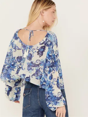 Free People Women’s Up For Anything Western Shirt Smocked Mesh Floral Blue S thumbnail 3