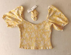 Abercrombie & Fitch Smocked Floral Puff Sleeve Top Women Large Yellow thumbnail 1