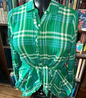 American Eagle green plaid ruffled button down tie waist top thumbnail 1