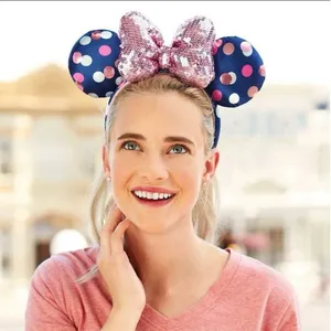 Disney Parks Minnie Mouse Navy Blue Polka Dot Ears Pink Sequin Bow Headband USA thumbnail 4