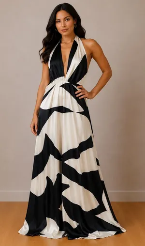 Bardot Black White Abstract Halter Maxi Dress Plunging V-Neck Open Back‎ Size 12 thumbnail 1