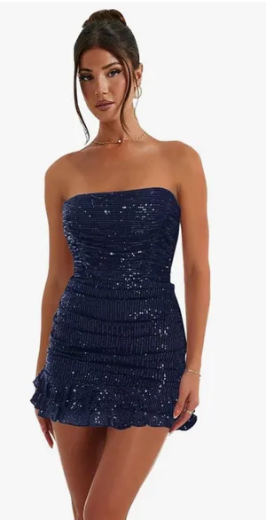 Navy Blue Sparkly Sequins Strapless Short Tie Back Dress Size 8 thumbnail 1