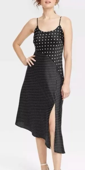 A‎ NEW DAY Womens Polka Dot Midi Slip Dress Black White Asymmetrical Slit thumbnail 1