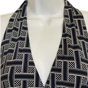 WHITE HOUSE BLACK MARKET Navy White Geometric Halter Wrap Top Silver Ring Size M thumbnail 3