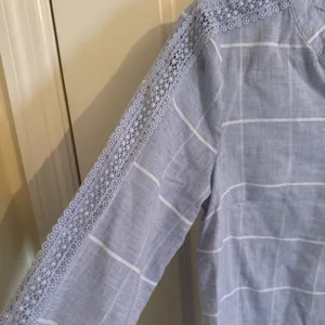Christopher & Banks Blue Windowpane Plaid Crochet Lace Pom Pom Blouse Small thumbnail 3