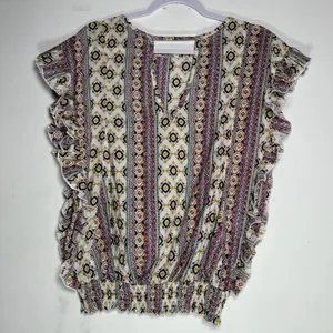 Easel Boho‎ Ruffle Sleeve Smocked Hem Geometric Tribal Print Blouse Small thumbnail 2