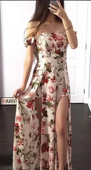 Solaris Style Floral Maxi Overlay Romper Off Shoulder NWT Size S thumbnail 1