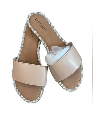 Nude Slide Sandals with Rhinestone Trim Tan Size 10 thumbnail 1