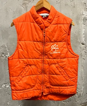 The Vintage Shop Vintage 80s Chalk Line Clemson Tigers Orange Puffer Paw Logo Vest Large L CU USC thumbnail 1