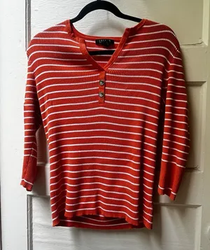 Ralph Lauren Striped Henley Sz M Orange Preppy Retro Cotton Summer 3/4 Sleeve thumbnail 1