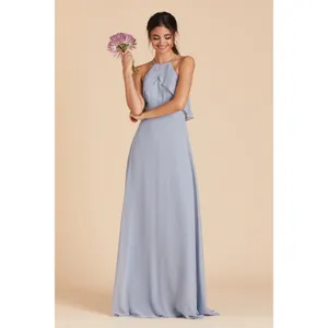 NWT Womens Size Small Birdy Grey Blue Jules Chiffon Ruffle Accent Maxi Dress thumbnail 4