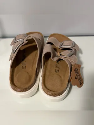 Double-Buckle Slide Sandals in Taupe with Cushioned Footbed thumbnail 7