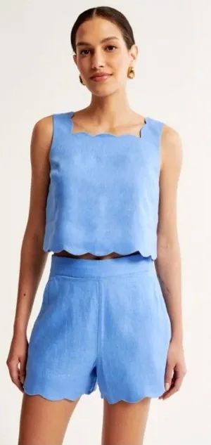 Abercrombie & Fitch Premium Linen Scallop-Hem Tailored Short 28 Blue thumbnail 1