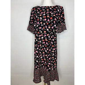 Talbots Womens Black Pink Floral Mixed Print Ruffle Hem Bell Sleeve Midi Dress 6 thumbnail 2
