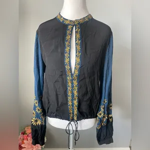 Free People Black & Blue Gold Embroidered Boho Blouse Top thumbnail 2