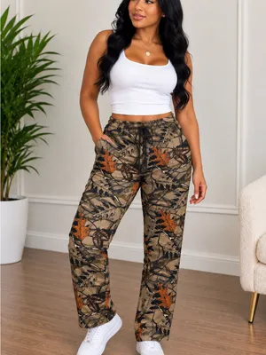 Camo Leaf Print Drawstring Joggers in Brown and Orange Size M thumbnail 2