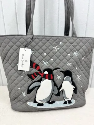 Vera Bradley Gray Quilted Penguin Tote with Red Scarf Accents NEW thumbnail 2