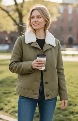 NWOT OLD NAVY Soft-Brushed Sherpa-Trim Jacket for Women In Satin Moss thumbnail 1