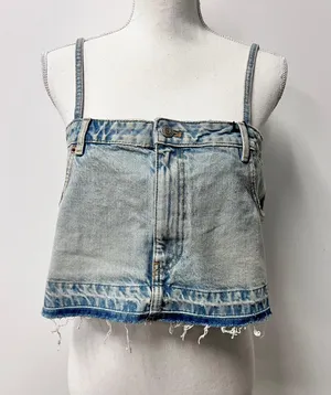 ZARA NWT Cropped Denim Jean Top Distressed w/ Spaghetti Straps Light Blue Wash thumbnail 2