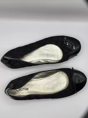 Justice Black Quilted Ballet Flats Patent Toe Bow Slip On Shoes Size 8 thumbnail 9