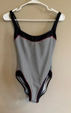 Gotttex Black White Checkerboard One Piece Swimsuit Red Trim Built-in‎ Bra Women thumbnail 1