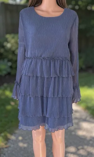 Lulus NWT Dusty Blue Tiered Chiffon Mini Dress Sheer Bell Sleeve M thumbnail 1