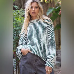 POL Two-Tone Woven Mock Neck Sweater Multi Green & White thumbnail 3