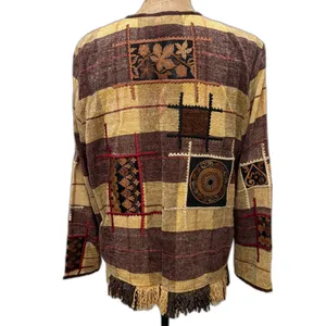 Vintage Allure Boho Patchwork Fringe Chenille Jacket‎ Brown Yellow Size Medium thumbnail 5