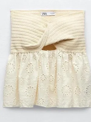 Zara Cream Knit Eyelet Twist Strapless Top thumbnail 2