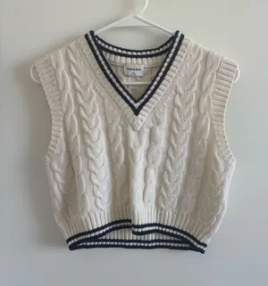 Sunday Best Merino Wool Cream Cable Knit V-Neck Sweater Vest thumbnail 1