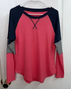 Women's‎ pink salmon stripped elbow patch boat neck casual long sleeve shirt M thumbnail 1