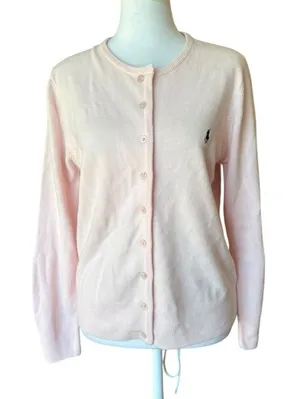 Polo Ralph Lauren Cashmere Cardigan Pony Sweater Light Pink Womens Large thumbnail 1