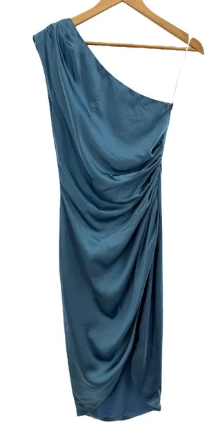 Elliatt One Shoulder Satin Draped Midi‎ Dress Blue Small Cocktail Party Wedding thumbnail 1