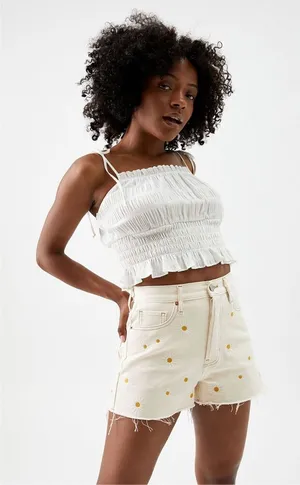 PacSun Daisy Embroidered‎ Ultra High Waisted Vintage Denim Shorts Sz 26 thumbnail 1