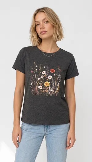 🌾 SHEIN Floral Graphic T-Shirt in Charcoal | Women’s Sz Sm thumbnail 1
