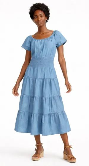 Lauren Ralph Lauren Chambray Off The Shoulder Smocked Tiered Midi Dress‎ Blue 14 thumbnail 1