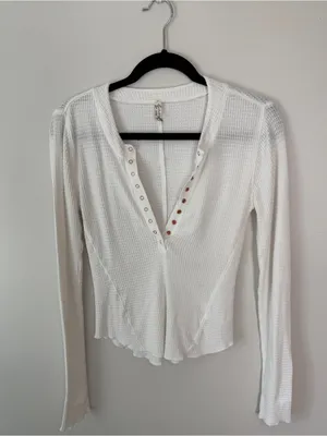 Free People One Of The Girls Henley Long Sleeve Thermal Shirt White Medium thumbnail 2