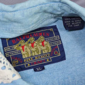 Vintage Chaps Ralph Lauren Denim Shirt XL Custom Handmade Lace Cottagecore‎ DIY thumbnail 3