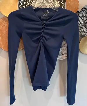 Intimately Free People Navy Blue Ribbed Lace Up Front Long Sleeve Top XS S thumbnail 1