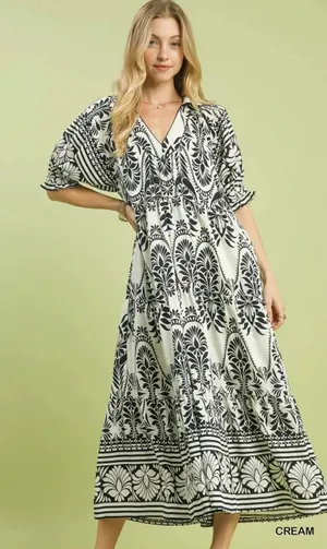 Umgee Two tone Border Print Midi Dress - Cream - Small thumbnail 1
