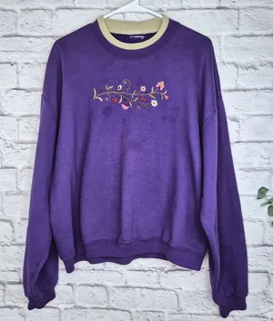 Vtg 90s Grandmacore Purple Floral Embroidered Double Collar Sweatshirt pullover thumbnail 1