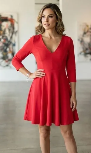 LuLu's Red Fit and Flare Dress V-Neck 3/4 Sleeve Party Cocktail Size S‎ thumbnail 1