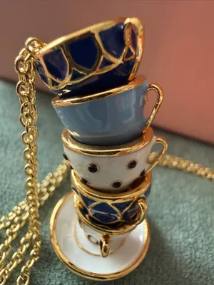 Kate Spade |♠️|Gold Plated Stacked Teacup Pendant Necklace | Blue thumbnail 3