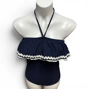J.Crew Halter Ruffle One Piece Swimsuit Navy Blue White 6 thumbnail 2
