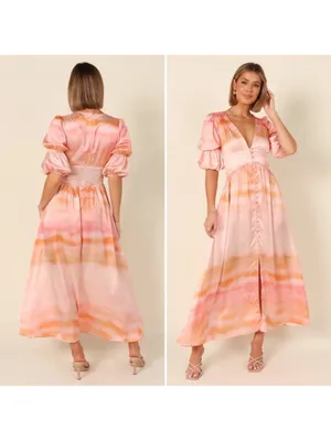 Petal & Pup Alton Pink Orange Dip Tie Dye Puff Sleeve Satin Midi Dress Size XL thumbnail 3