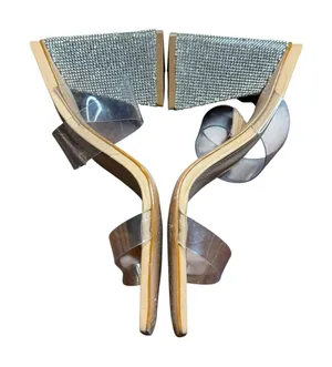 Schutz Shoes Womens Size 8 Beige Vinyl Ariellen Wedge Slide‎ Sandals Rhinestone thumbnail 1