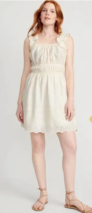 Old Navy Women Waist-Defined Sleeveless Ruffle Eyelet Mini Dress Cream Small NWT thumbnail 1