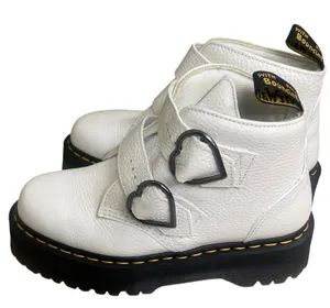 Dr Martens 8 Devon Heart White Milled Nappa Leather Heart Buckle Platform Boots thumbnail 1